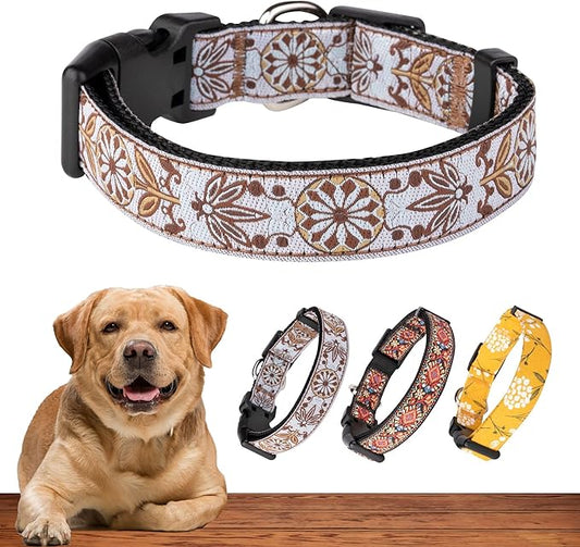 Dog Collars for Small Medium & Large Dogs - Female and Male Patterns on Long Lasting, Adjustable, Strong and Durable, Puppy Quick Release Buckle, White Woven Collar