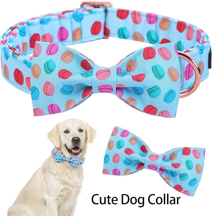 ARING PET Summer Macaroon Bowtie Dog Collar, Adjustable Cotton Bow Pet Collar with Metal Buckle