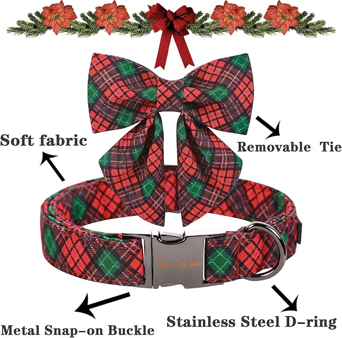 Unique style paws Christmas Dog Collar with Tie Red Green Plaid Adjustable Cotton Puppy Collar for Small Medium Large Dogs-XS