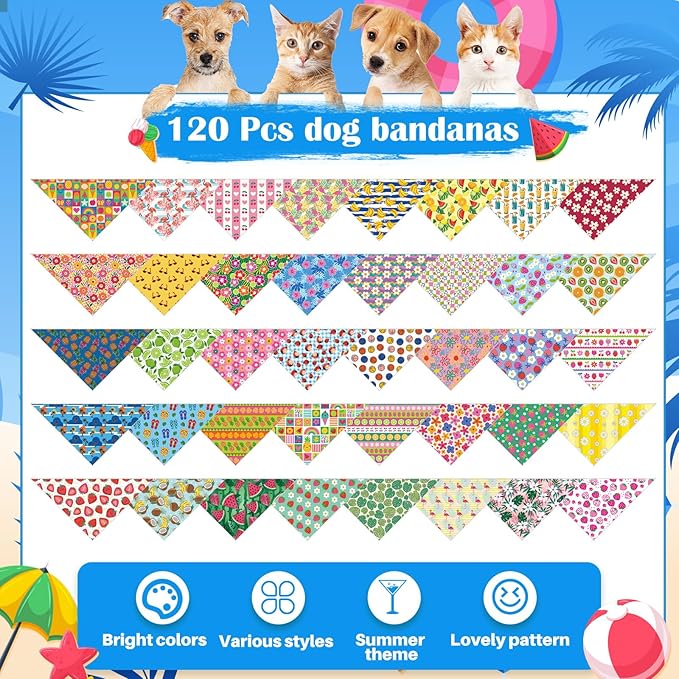 Sanwuta 120 Pcs Dog Bandanas Bulks for Summer Pet Scarves with Fruit Floral Pattern Adjustable Soft Cute Bandana Cooling Summer Style Triangle Scarfs for Medium Small Dogs Cats Large Puppy