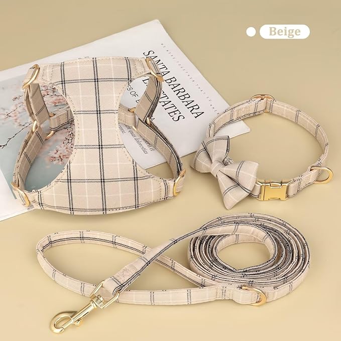 Beirui Cute Small Dog Harness Collar and Leash Set with Bowtie, Soft Adjustable Plaid Puppy Harness for Small Sized Dogs Cats Walks Parties and Photoshoots(Beige,XXS:Chest 12-14")