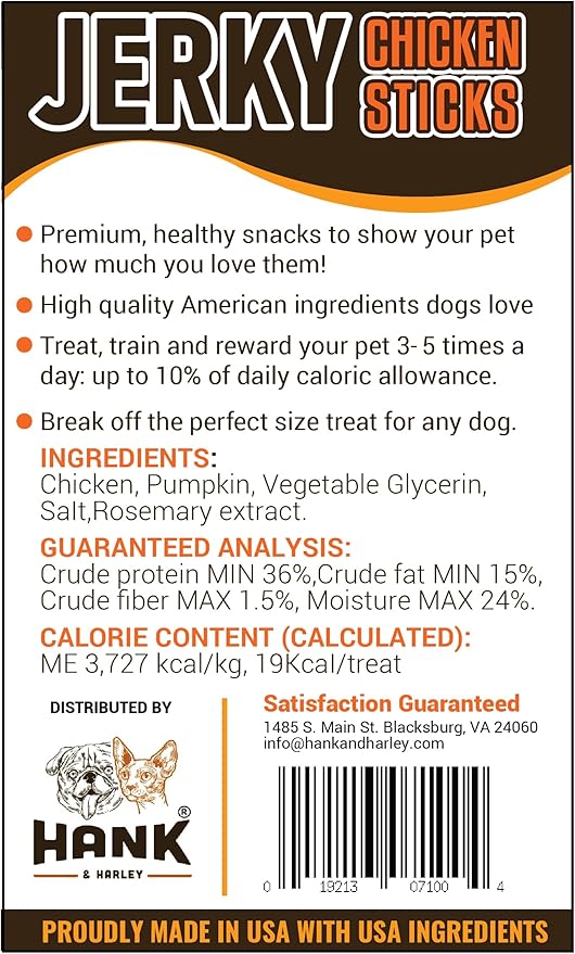 Hank & Harley Chicken Jerky Sticks, 1 lb - USA Lean Protein Soft Dog Treats with Pumpkin. 100% Natural and NO Added Sugar, Flour or fillers. Ideal for finicky Pets
