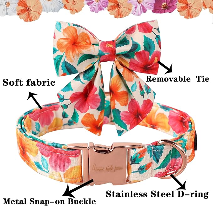 Unique Style Paws Cotton Dog Collar with Bow Floral Plaid Colorful Dog Collar with Bow Tie for Small Medium Large Dogs Pets Gifts