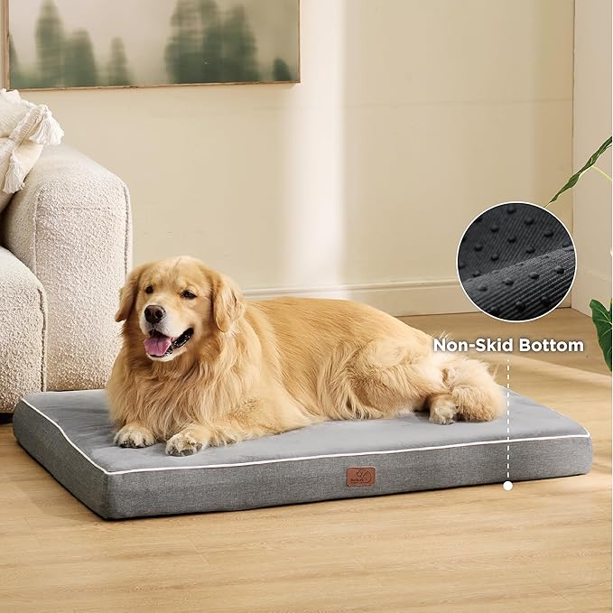 Bedsure Memory Foam Dog Crate Bed for Extra Large Dogs, XL Orthopedic Waterproof Pet Beds with Removable Washable Water-Resistant Cover and Nonskid Bottom - Plush Flannel Fleece Pet Mat, Light Grey
