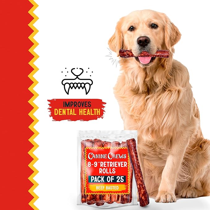 Canine Chews 8-9" Beef Basted Rawhide Rolls, Raw Hide Bones for Large Dogs, Dog Bones Large Breed, Durable, Long-Lasting, Medium & Large Breeds, 25pk