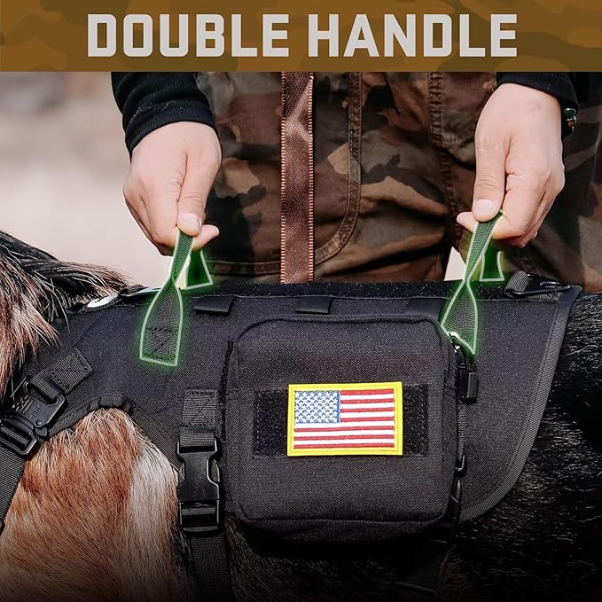 Forestpaw Tactical Dog Harness for Large Dogs,Tactical Dog Collar with Bungee Leash Set,No Pull Military Dog Harness for Walking Training,Adjustable for Medium Large Dogs,Black,Chest 21.5-45"