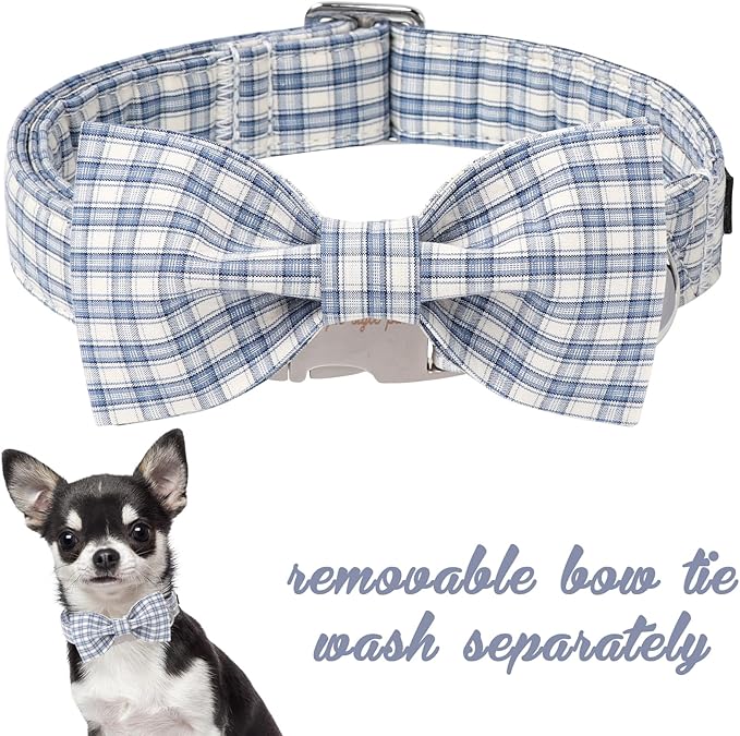 Unique style paws Cotton Dog Collar with Bow Spring Summer Collar with Blue White Grid for Small Medium Large Boys Girls Dogs