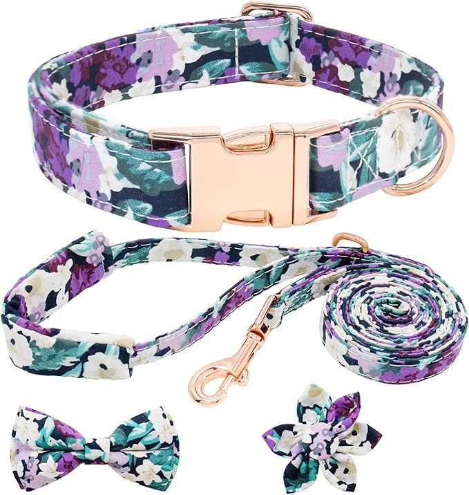 Dog Collar and Leash Set Girls Adjustable Puppy Collars with Floral Bow Tie for Small Medium Large Female Dogs, Purple Green Flower, S