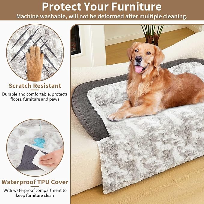 Dog Couch Bed for Large Dogs Cats Fluffy Calming Dog Bed Mat Washable Pet Couch Covers Protector for Sofa Removable Pet Sofa Beds for Bedroom with Anti-Slip Waterproof Back 45x37 Inch XL Size (Grey)