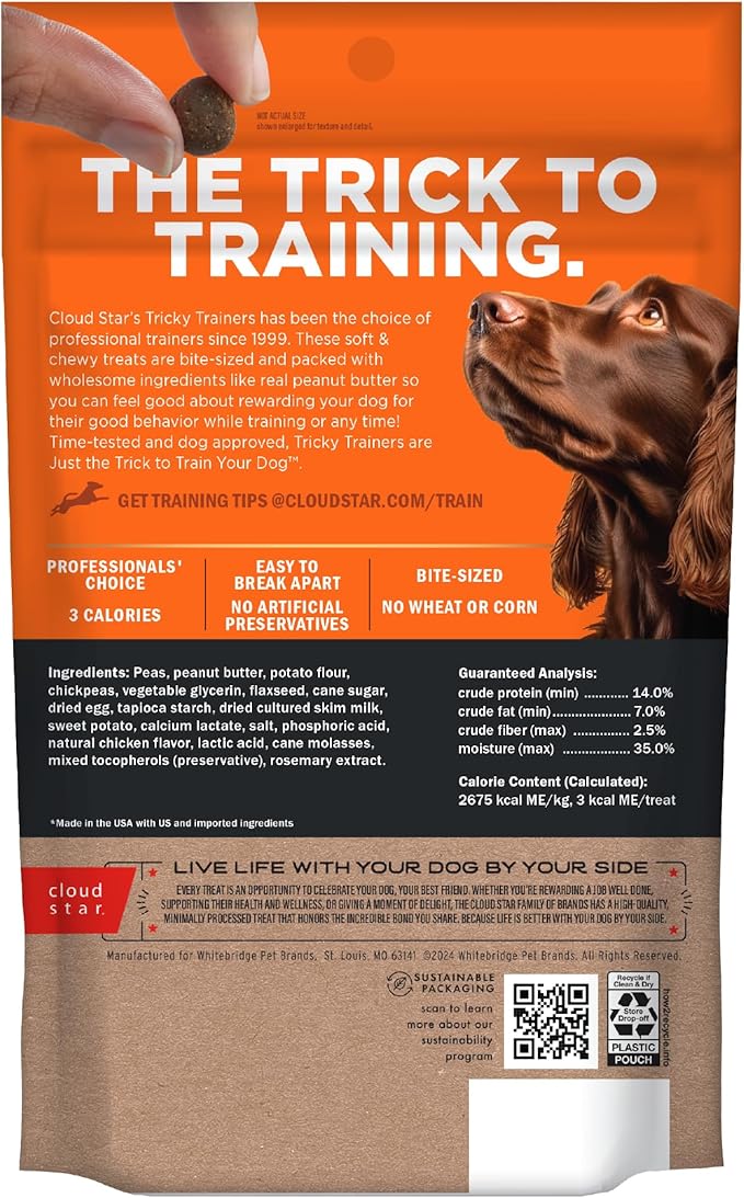Cloud Star Tricky Trainers Soft & Chewy Dog Training Treats 5 oz. Pouch, Peanut Butter Flavor, Grain-Free Low Calorie Behavior Aid with 130 treats
