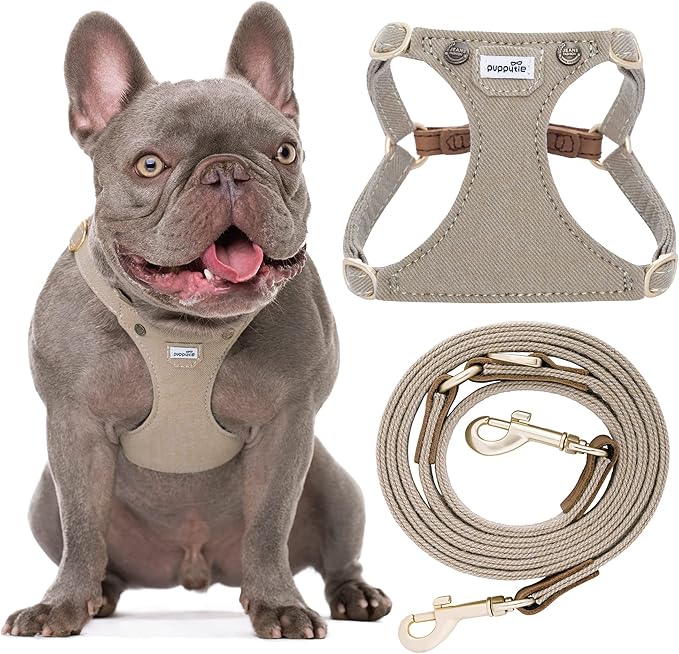 Puppytie No Pull Dog Harness with Multifunction Dog Leash,Soft Adjustable No Choke Escape Proof Pet Harness Vest for Medium Dogs,Denim Mocha Brown,M