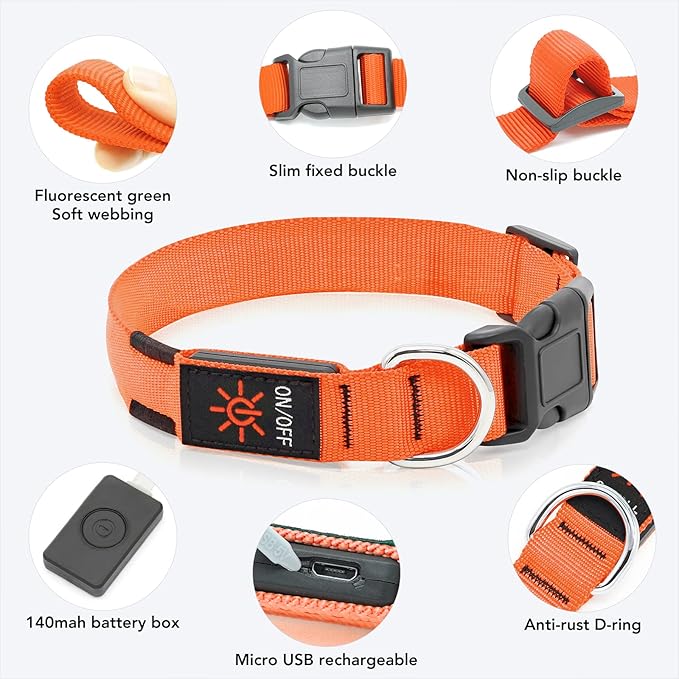 Light Up Collar at Night, LED Adjustable, Rechargeable Waterproof Dog Lights for Night Walking, Glow in The Dark for Medium Large Dogs
