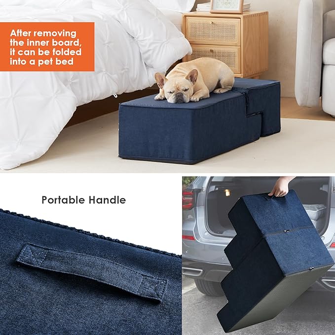 EHEYCIGA Dog Stairs for Bed 20”H, 4-Step Extra Wide Dog Steps for High Bed, Pet Steps for Small Dogs and Cats, Non-Slip Balanced Pet Indoor Ramp, Navy Blue