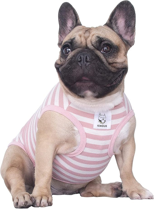 iChoue French Bulldog 100% Breathable Cotton Striped T Shirts Halloween Vest Clothes for Small Dogs Tank Tops Puppy Frenchie Pug English Boston Terrier Pitbull Pink White Stripes - Medium