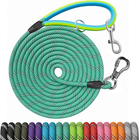 NTR Long Dog Leash, 100FT Check Cord with with 2 Swivel Hooks and Soft Rubber Handle for Pink Leash for Small Medium and Large Dogs Walking Training Hiking Camping Playing-Teal