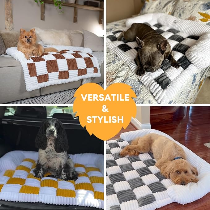 FUNNY FUZZY Pet Couch Covers for Sofa, Large Dog Couch Bed Cover Cream Square Plaid Washable Pet Mat for Furniture Protector Sofa Cover for Dogs, Large, Light Brown