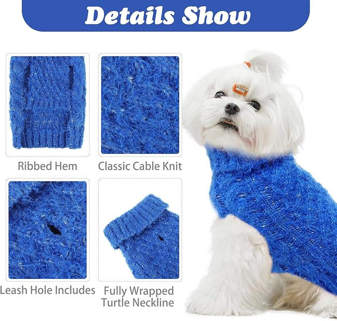 Turtleneck Small Dog Sweaters - Classic Cable Knitwear Winter Coat for Small Medium Dogs Male Female Puppy Dog Cold Weather Clothes Girls Boys, Blue, S/M