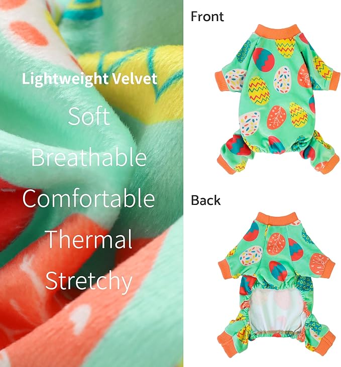 Fitwarm Easter Egg Dog Pajamas, Holiday Dog Clothes for Small Dogs Girl Boy, Pet Easter Outfit, Puppy Cat Onesie, Lightweight Velvet, Light Green, Orange, Medium