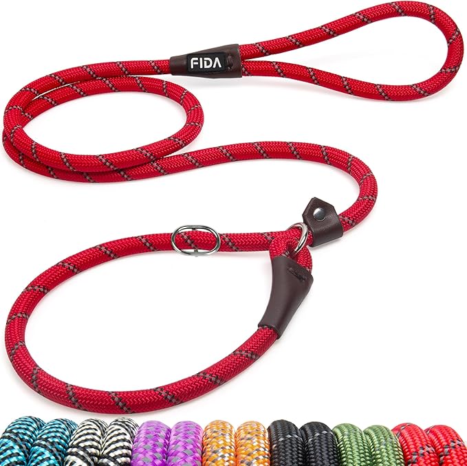 Fida Durable Slip Lead, 6 FT x 1/2" Heavy Duty , Comfortable Strong Rope for Large, Medium Dogs, No Pull Pet Training Loop Leash with Highly Reflective, Red
