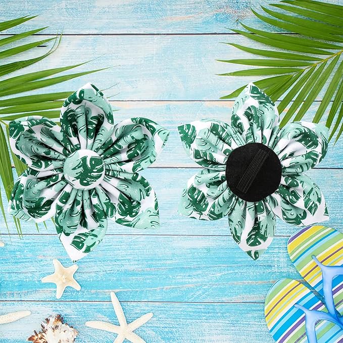 Summer Dog Collar, Comfortable Cotton Dog Collar with Flower for X-Large Dog Girl, Hawaiian Dog Collar with Metal Buckle,Green, XL