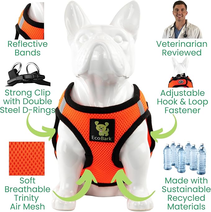 EcoBark Step in Dog Harness - Eco-Friendly Teacup Dog Harnesses for XXS, XS, and Small Dogs - Reflective and Adjustable Mini Body Halter Vest -Tiny Soft Mesh Toy Breed Harness (Orange, XXXS)