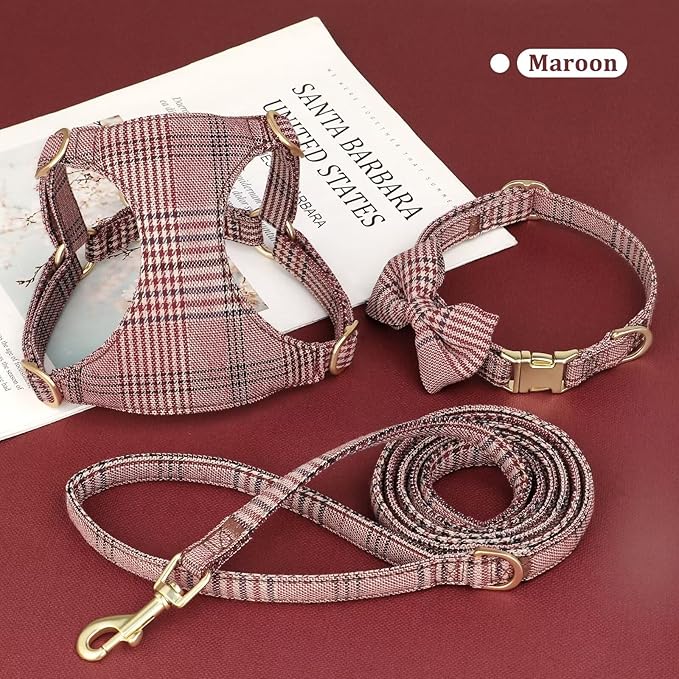 Beirui Cute Small Dog Harness Collar and Leash Set with Bowtie, Soft Adjustable Plaid Puppy Harness for Small Sized Dogs Cats Walks Parties and Photoshoots(Maroon,S:Chest 17-23")