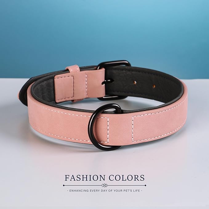 Didog Soft Padded Leather Dog Collar, Breathable Heavy Duty Dog Collar Faux Leather with Adjustable Rust-Proof Metal Buckle for Small Medium Large Dogs, Pink, M Fit Neck 12-15"(13-22 lbs)