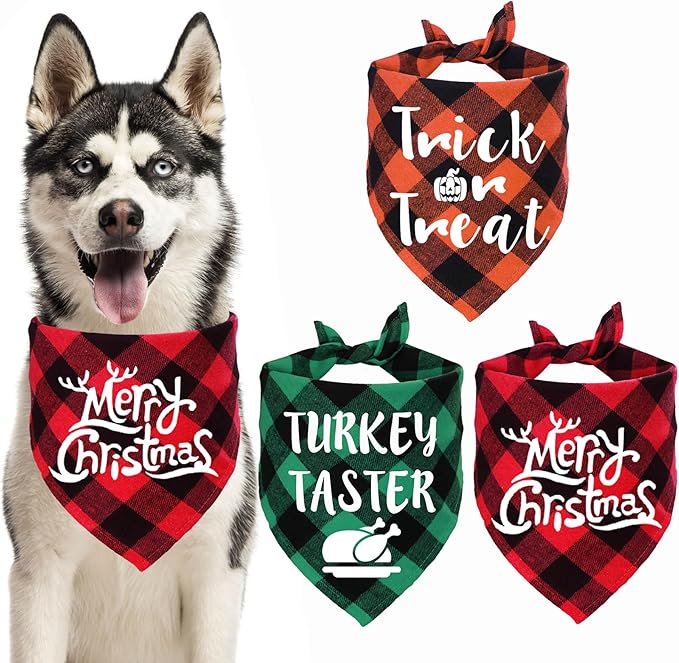 STMK 3 Pack Holiday Dog Bandanas, Halloween Thanksgiving Day Christmas Dog Bandanas Trick or Treat Turkey Taster Merry Christmas Holiday Dog Bandana for Large Dogs Costumes (Large)