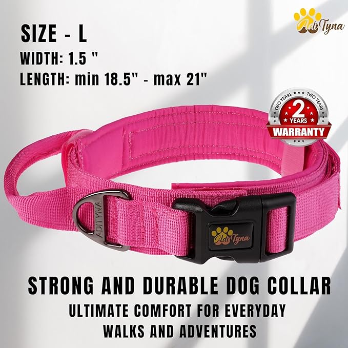 ADITYNA - Tactical Dog Collar for Large Dogs - Soft Padded, Heavy Duty, Adjustable Pink Dog Collar with Handle for Training and Walking