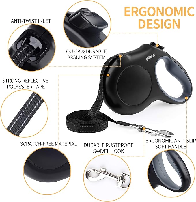 Fida Retractable Dog Leash with Dispenser and Poop Bags, 16 ft Pet Walking Leash for Small Dog or Cat up to 26 lbs, Anti-Slip Soft Handle, Tangle Free, Reflective Nylon Tape (S, Black)