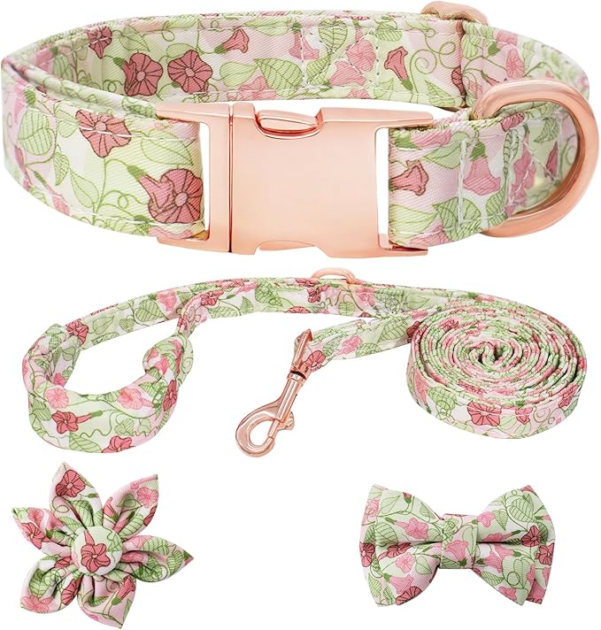 Dog Collar and Leash Set Girls Adjustable Puppy Collars with Floral Bow Tie for Small Medium Large Female Dogs, Morning Glory, L