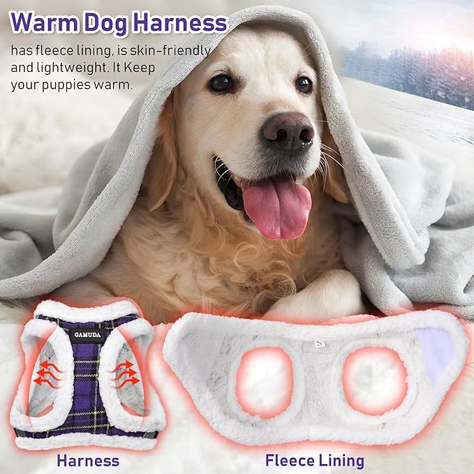 GAMUDA Small Dog Harness Collar and Leash Set, Step in No Chock No Pull Soft Mesh Adjustable Dog Vest Harnesses Plaid Reflective for Dogs Puppy Cats Kitten Rabbit (Warm Purple, S)