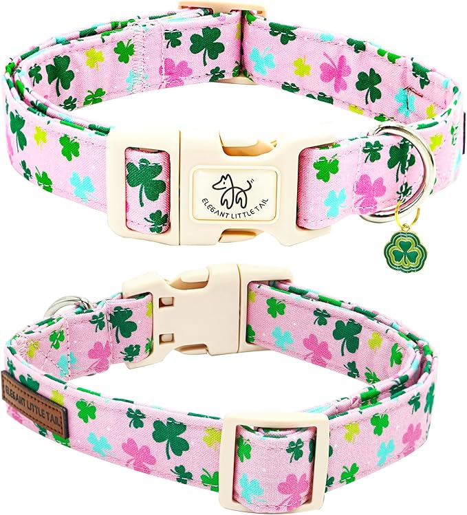 Elegant little tail St Patrick's Dog Collar-Lucky Colver Cotton Shamrock Pet Collar Trefoil Holiday Adjustable Cotton Pet Collar with Quick Release Buckle for Small Medium Large Dogs