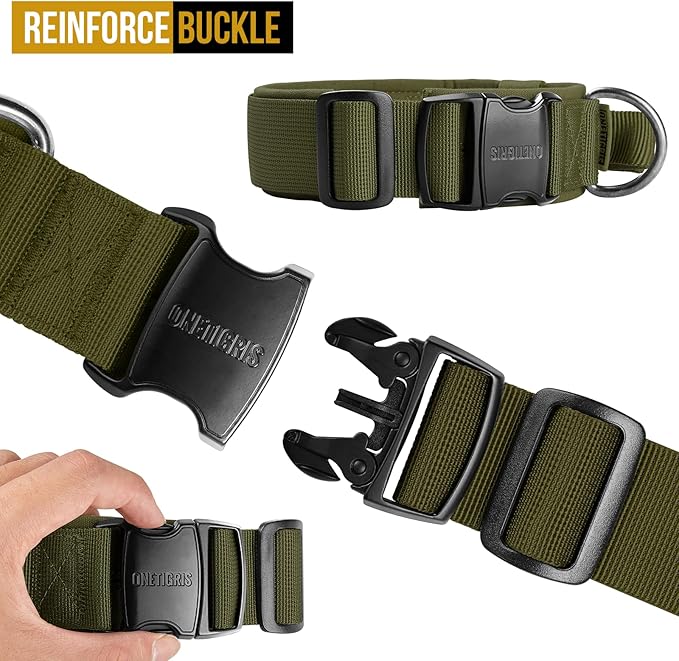 OneTigris Tough Dog Collars, Tactical Dog Collar with Handle, Milltary Adjustable Dog Collar with Heavy Duty Metal Buckle for Training (Medium (Pack of 1), Green)