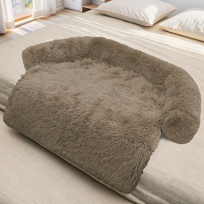 Calming Dog Bed Fluffy Plush Dog Mat for Furniture Protector with Removable Washable Cover for Large Medium Small Dogs and Cats (Small(35x31x5), Camel)