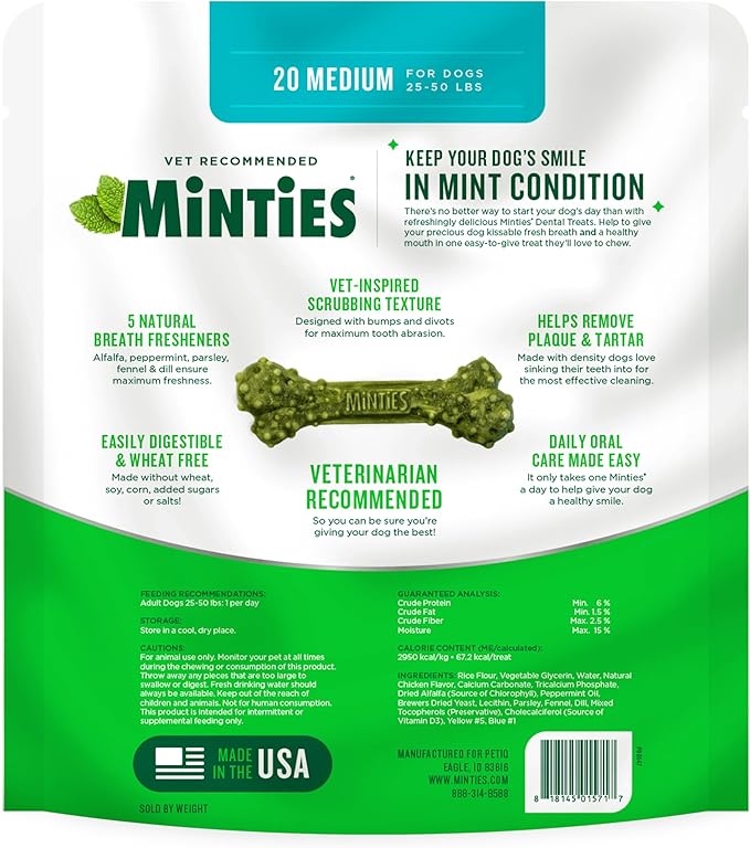 Minties Dental Chews for Dogs, 20 Count, Vet-Recommended Mint-Flavored Treats for Medium Dogs 25-50 lbs, Dental Bones Clean Teeth, Fight Bad Breath, and Removes Plaque and Tartar