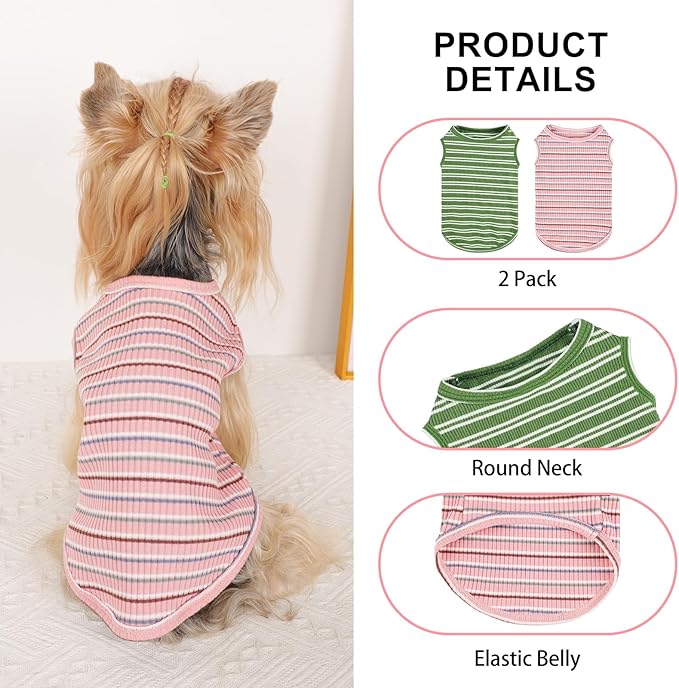 2Pack Dog Shirts for Small Dogs Girl Boy Striped Dog Shirt Vest Soft Stretchy Puppy Clothes Sleeveless Colorful Sweatshirt Small Puppy Outfit for Chihuahua Yorkie, Pink+Green, L