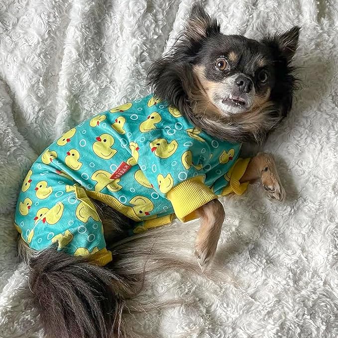 KYEESE Dog Pajamas Velvet Dog Pajamas Small Sized Dogs Soft Dogs Clothes Pet Coat Stretchy Doggie Pjs Pet Costume with Yellow Ducks Pattern Comfy Doggie Jammies Onesie, Medium