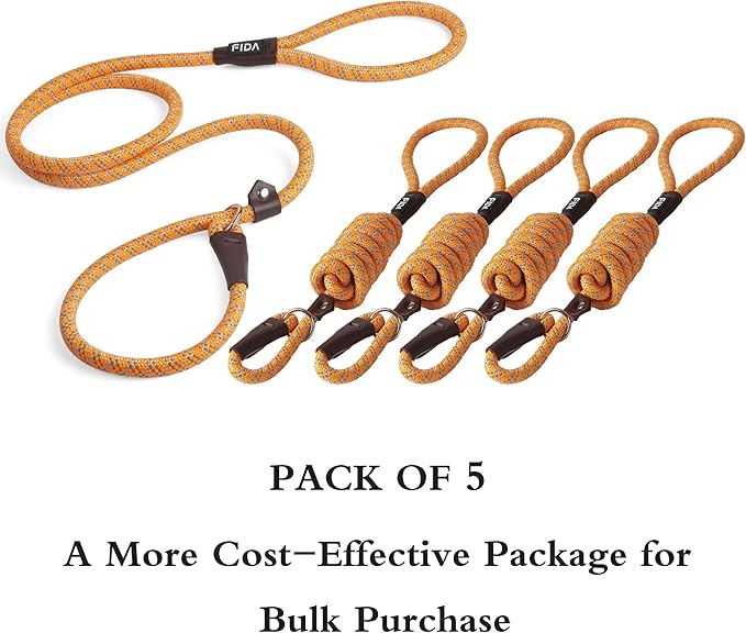 Fida Durable Slip Lead Dog Leash Bulk Pack of 5, Heavy Duty 1/2" x 6 FT Comfortable Strong Rope Slip Leash for Large, Medium Dogs No Pulling Pet Training Leash with Highly Reflective (Orange)