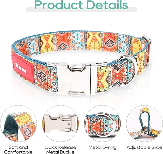 Timos Dog Collar, Adjustable Soft Dog Collar for Small Medium Large Dogs, Patterned Puppy Collars with Quick Release Buckle for Boy and Girl Female Dogs (Bohemia Yellow, Small)