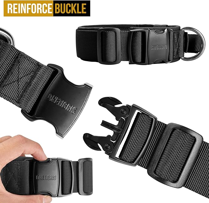 OneTigris Tough Dog Collars, Tactical Dog Collar with Handle, Milltary Adjustable Dog Collar with Heavy Duty Metal Buckle for Training (Medium (Pack of 1), Black)