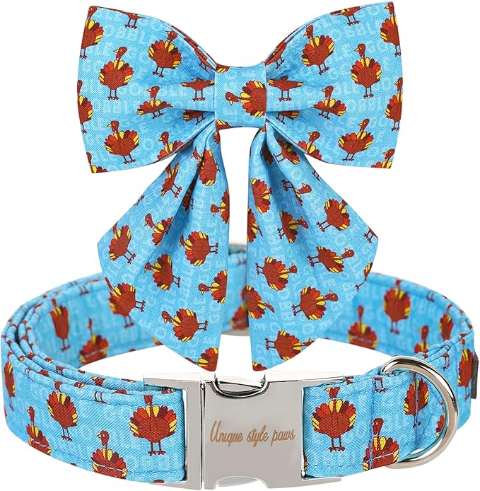 Unique style paws Thanksgiving Dog Collar with Bow Tie Blue Turkey Puppy Collar for Small Medium Large Dogs as Autumn Winter Pet Gifts-XS