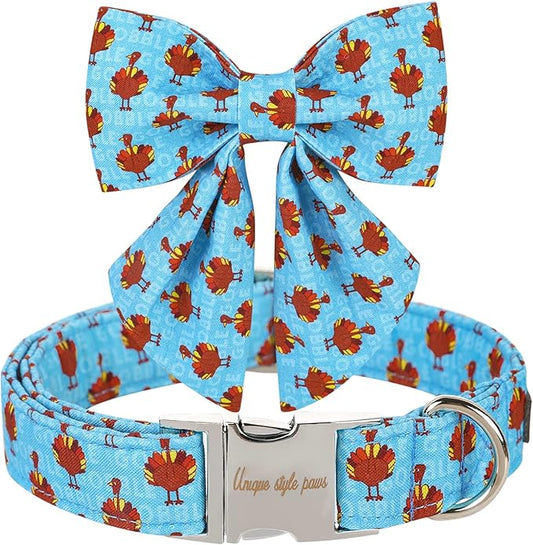 Unique style paws Thanksgiving Dog Collar with Bow Tie Blue Turkey Puppy Collar for Small Medium Large Dogs as Autumn Winter Pet Gifts-XL