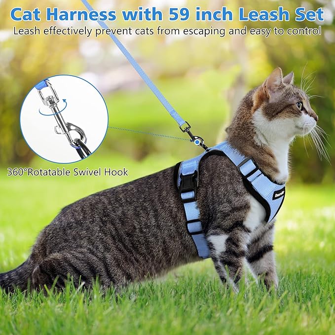 Dooradar Cat Harness and Leash Set, Escape Proof Safe Adjustable Kitten Vest Harnesses for Walking, Easy Control Soft Breathable Mesh Jacket with Reflective Strips for Cats, Light Blue, S