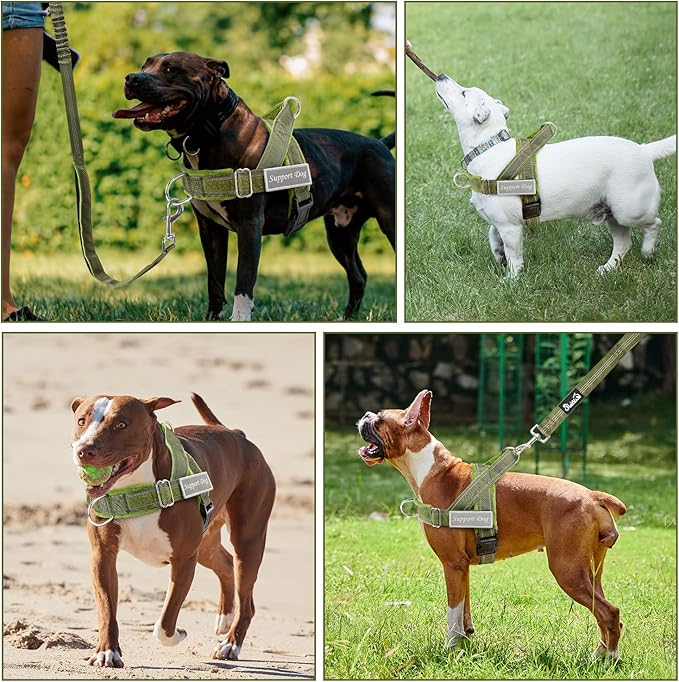 SlowTon No Pull Dog Harness - Heavy Duty Dog Harness and Leash Set for Medium Large Dogs, Reflective Tactical Harness with Soft Padded and Front Clip for Easy Walk and Training (Green L)