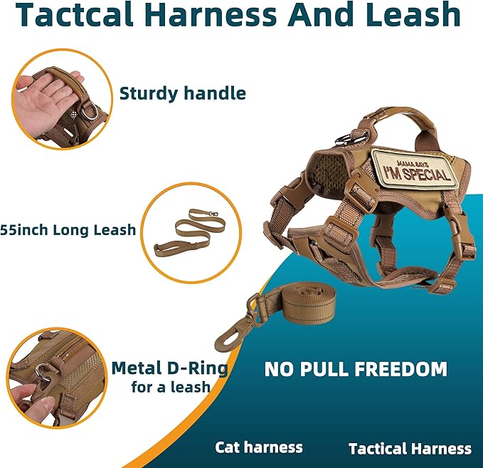 Tactical Cat Harness and Leash Khaki for Walking Esacpe Proof, Adjustable Soft Mesh Large Cat Vest with Handle Easy to Control,Molle Patches L