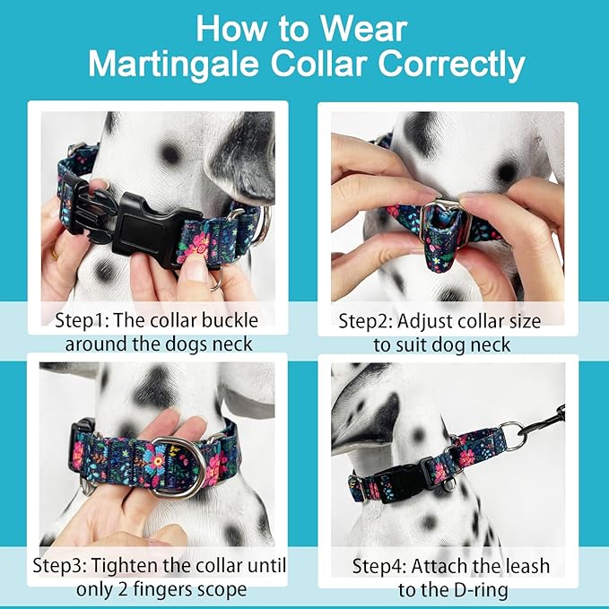 Slip Collar for Dogs Martingale Collar with Buckle Floral Adjustable Soft Nylon Dog Collars (Blue Pink Flower, Large)