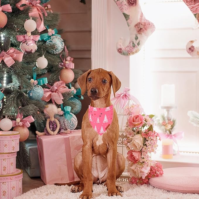 ADOGGYGO Pink Christmas Dog Bandana, Santa Xmas Tree Dog Scarf, Adjustable Fit Pink Pet Christmas Bandanas for Medium Large Dogs (Large)