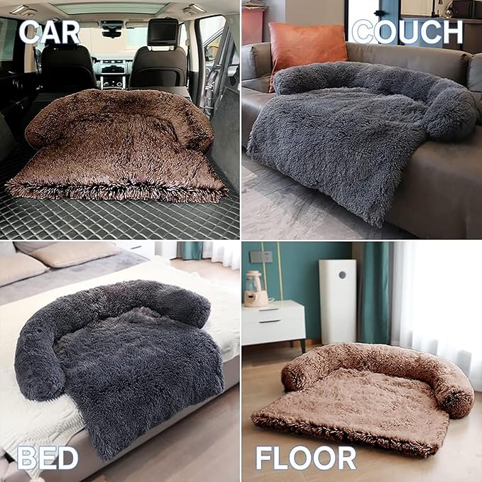 Calming Dog Bed Fluffy Plush Dog Mat for Furniture Protector with Removable Washable Cover for Large Medium Small Dogs and Cats (Large, Coffee)