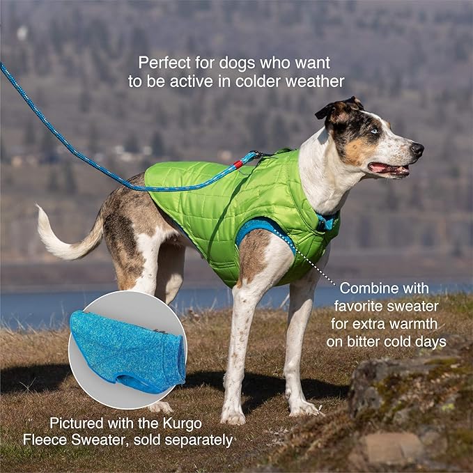 Kurgo Loft Dog Jacket, Reversible Dog Coat, Wear with Harness or Sweater, Water Resistant, Reflective, Winter Coat for Small Dogs (Coastal Blue, XS)